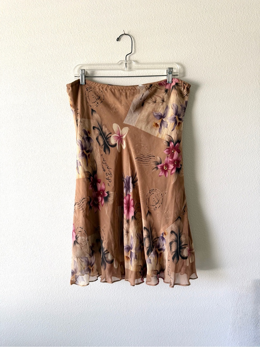 90s Floral A-Line Slip Midi Skirt 100% silk